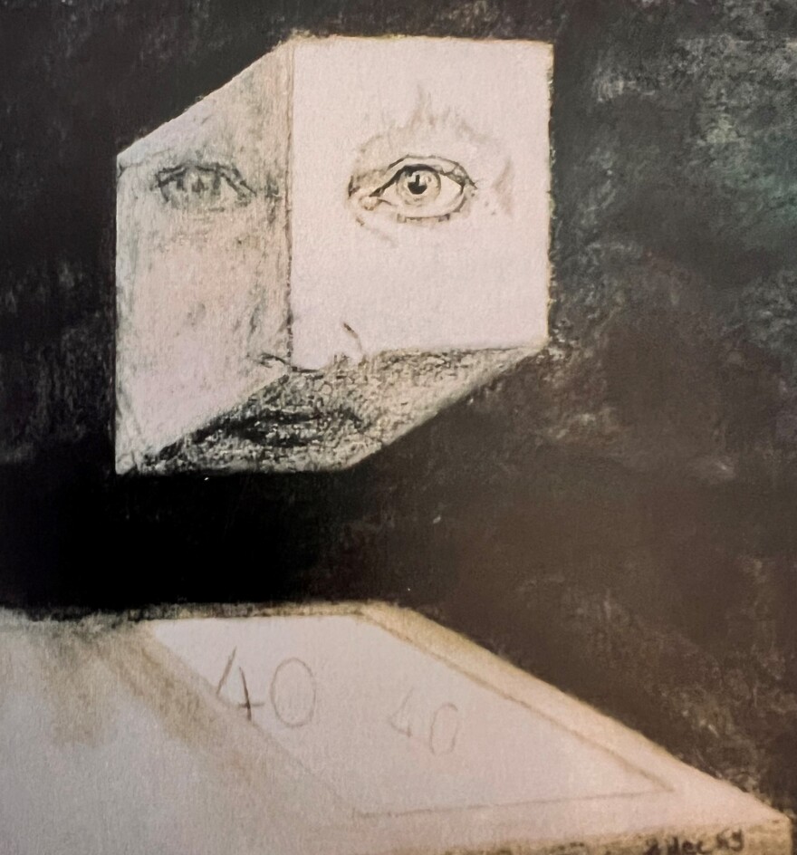 A black and white drawing featuring a face inside a floating square.