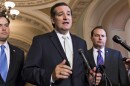 Sen. Ted Cruz, R-Texas, center, Sen. Marco Rubio, R-Fla., left, and Sen. Mike Lee, R-Utah, express frustration on Friday after the Senate passed a bill to fund the government, but stripped it of language crafted by House Republicans to defund Obamacare.
