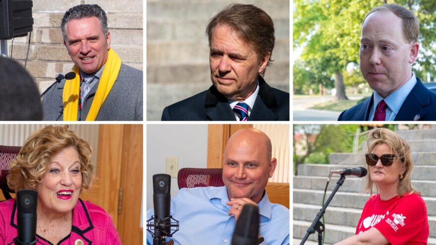 Kansas gubernatorial candidates (left to right, upper row first) Republican Senate President Ty Masterson, former GOP Gov. Jeff Colyer, Democratic Sen. Ethan Corson, GOP Insurance Commissioner Vicki Schmidt, GOP Secretary of State Scott Schwab and Democratic Sen. Cindy Holscher are running videos or commercials indicative of the type of campaigns they're running in 2026.
