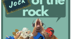 LOGO for Jock of the Rock, KMXT's once a month sports show hosted by mild-mannered reporter, Derek Clarkston.