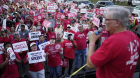In this file photo Ted Pappageorge speaks during a rally along the Las Vegas Strip, Thursday, Aug. 10, 2023, in Las Vegas. (AP Photo/John Locher)