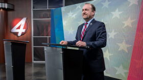 Republican candidate to be New Mexico’s next governor Gregg Hull takes part in a live interview at KOB’s studio, in Albuquerque, Thursday, October 8, 2026. The interview is being held on one of several dates, offered by both side for a debate, that he and Democratic candidate Deb Haaland could not agree on.