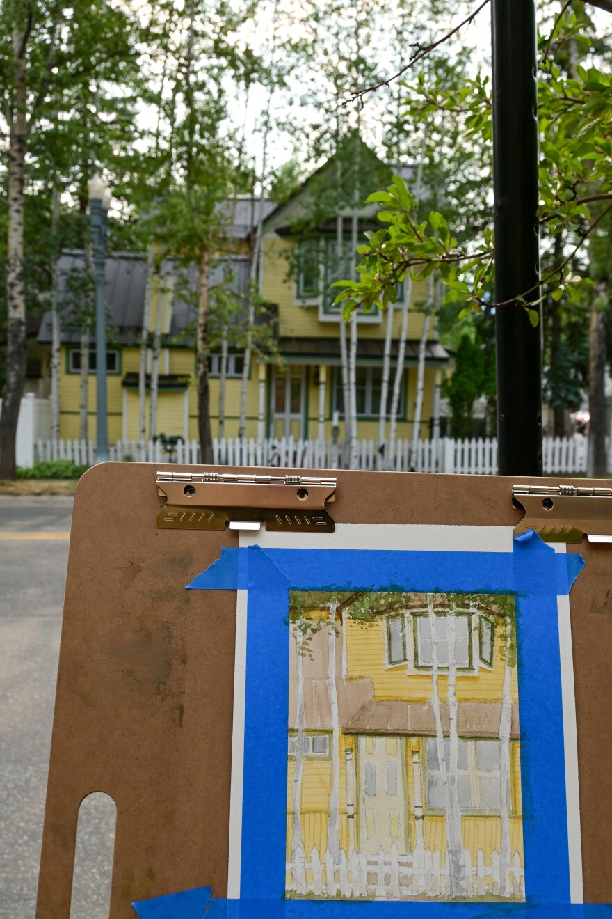 Jamie Wall paints a house on Main Street in Aspen. She wanted to paint more objects and local scenes for her second year of the Plein Air Festival.