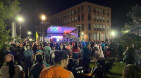 A crowd gathers in front of a stage at a park. Blue and pink lights flash from the stage. 