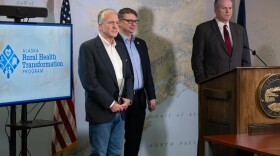 From left to right: U.S. Sen. Dan Sullivan, U.S. Rep. Nick Begich III, and Gov. Mike Dunleavy answer questions in Anchorage on Dec. 29, 2025, during a press conference on the Rural Health Transformation Program.