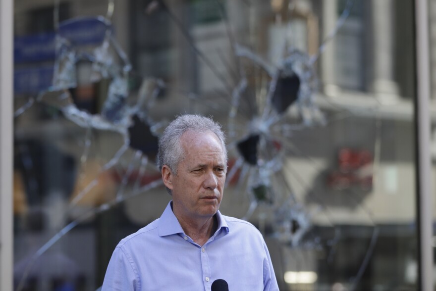 Louisville Mayor Greg Fischer speaks during a news conference, Saturday, May 30, 2020, in Louisville, Ky. 