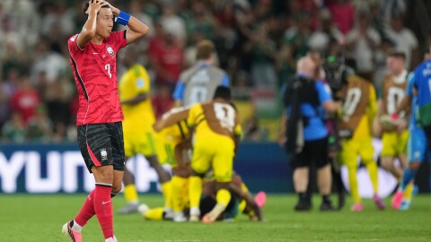 South Korea's Son Heung-min (7) reacts at the end of the World Cup Group A soccer match between South Africa and South Korea in Guadalupe, near Monterrey, Mexico, Wednesday, June 24, 2026.