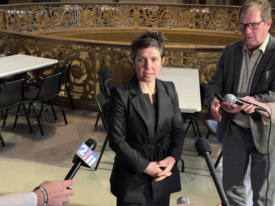 St. Louis Mayor Cara Spencer answers questions during a press conference at the Missouri State Capitol on Jan. 14, 2026. 