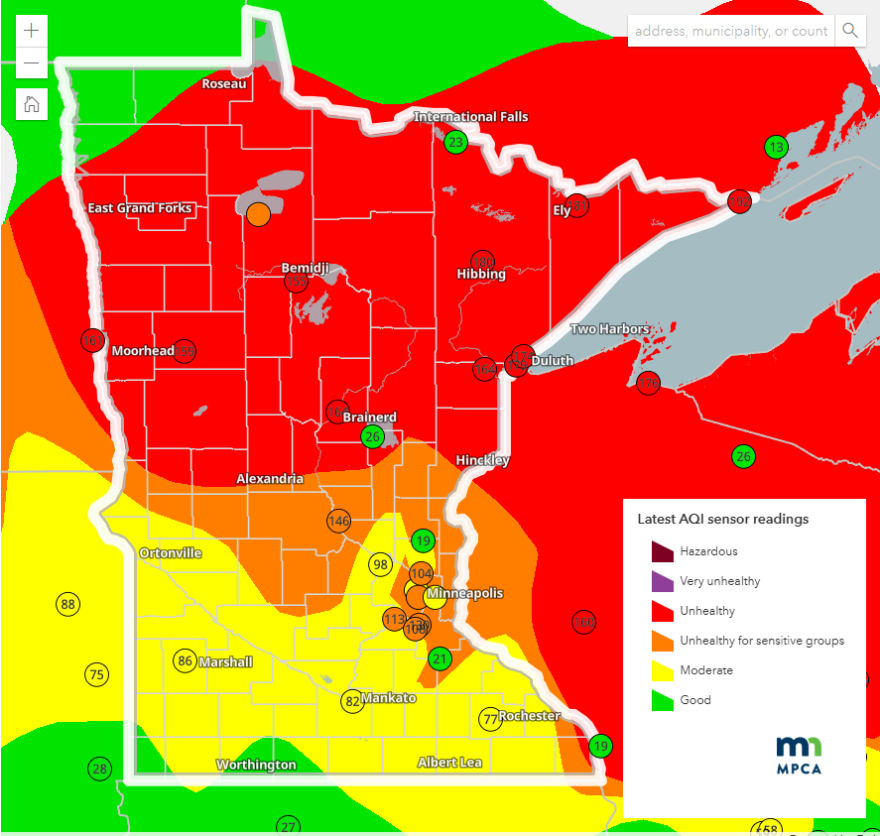 The The Minnesota Pollution Control Agency's website features a map that displays the latest AQI sensor readings in Minnesota as of July 30, 2025.