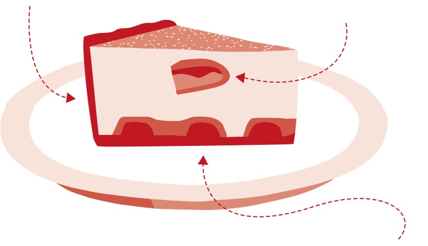 <strong>The Finished Cheesecake:</strong> The left arrow points to the crust, made from Thin Mints, Trefoils/Shortbreads and Do-Si-Dos/Peanut Butter Sandwiches. The upper right arrow is pointing to a Tagalong/PB patty suspended in the cheesecake. The bottom right arrow is pointing to a Samoa/Caramel DeLite sitting along the bottom.