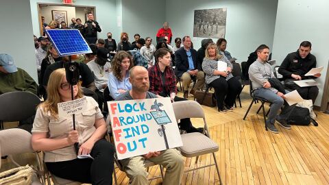 Local media and Troy residents attend a Troy City Council meeting on Thursday, May 7, 2026, where a local law regulating Flock license-plate-reading cameras was discussed.