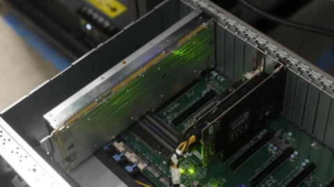 A d-Matrix Corsair PCIe card is shown in a server at the d-Matrix office in Santa Clara, Calif., Wednesday, Oct. 16, 2024. (Jeff Chiu/AP)