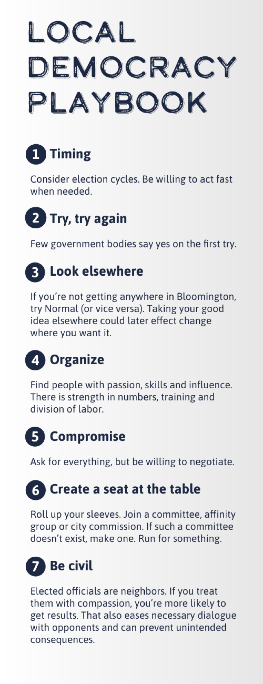 Local Democracy Playbook
•	Timing: Consider election cycles. Be willing to act fast when needed.
•	Try, try again: Few government bodies say “yes” on the first try.
•	Look elsewhere: If you’re not getting anywhere in Bloomington, try Normal (or vice versa). Taking your good idea elsewhere could later effect change where you want it.
•	Organize: Find people with passion, skills and influence. There is strength in numbers, training and division of labor.
•	Compromise: Ask for everything but be willing to negotiate.
•	Create a seat at the table: Roll up your sleeves. Join a committee, affinity group or city commission. If such a committee doesn’t exist, make one. Run for something.
•	Be civil: Elected officials are neighbors. If you treat them with compassion, you’re more likely to get results. That also eases necessary dialogue with opponents and can prevent unintended consequences.
