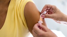 Close-up of a female doctor putting a band-aid on the arm of a woman after giving vaccine injection in the clinic. Healthcare professional hands placing a bandage on a female's arm after covid-19 vaccination.