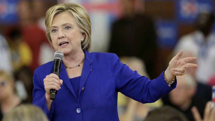 Democratic presidential candidate Hillary Clinton speaks during a community forum on health care at Moulton Elementary School in Des Moines, Iowa.