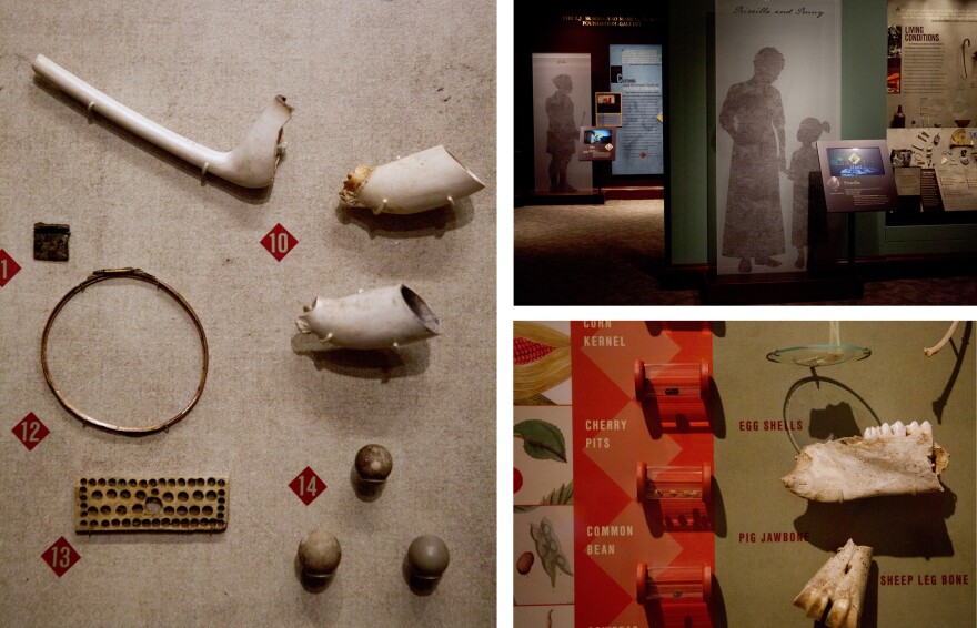 (Left) Many slaves' personal belongings are on display at the exhibit. (Top) The exhibit includes profiles of 19 slaves that lived and worked on Mount Vernon. (Bottom) Archaeologists at Mount Vernon found evidence of fruits, nuts and farm animals, which suggests the slaves at the estate maintained a more varied diet than the fish and cornmeal they were given.