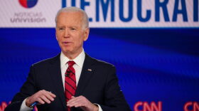 Democratic presidential hopeful former US vice president Joe Biden makes a point as he and Senator Bernie Sanders take part in the 11th Democratic Party 2020 presidential debate in a CNN Washington Bureau studio in Washington, DC.