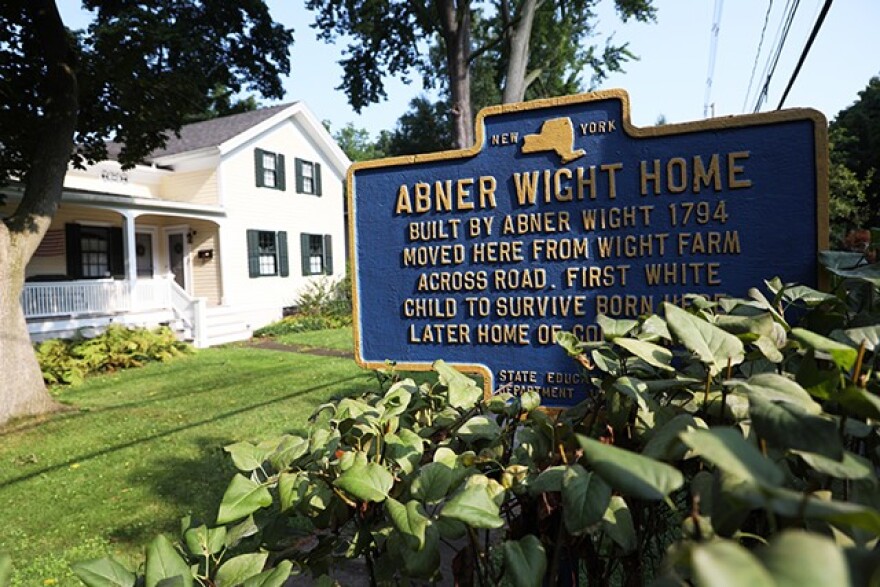 A New York historic marker denoting the Abner Wight Home celebrated the “first white child” of Perinton. The sign was erected in 1949 and taken down in September 2020.