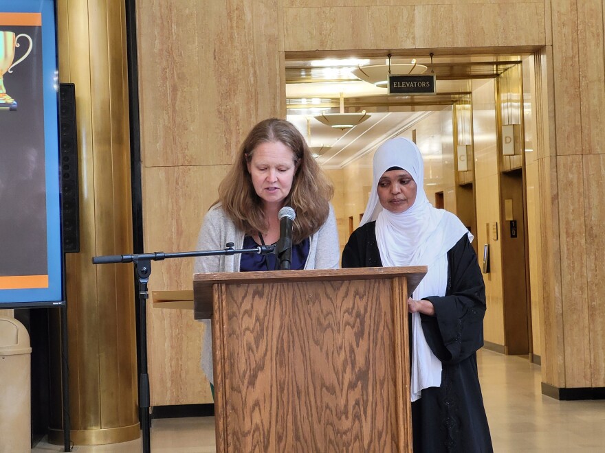 Amy Rand (L) and Fatumo Mohid at the ND Association for Lifelong Learning conference, held at the state Capitol