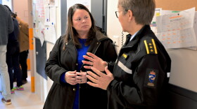 Warden Trina Sexton of York Correctional Institution, left, speaks with a Norwegian corrections officer while touring Bergen Prison in Norway, Nov. 2022. Sexton went to Norway with other Connecticut policy makers to learn how they could implement some of Norway’s incarceration methods at home.