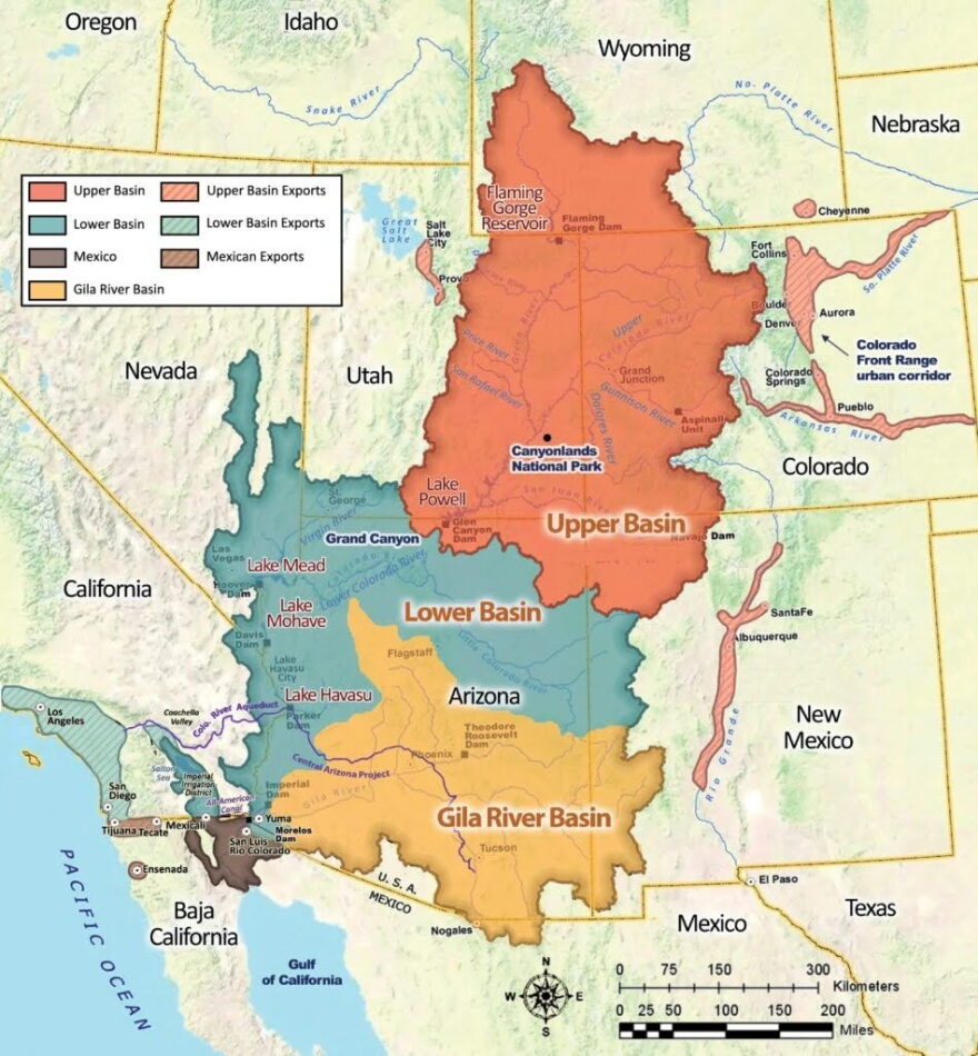 A map of the Colorado River Basin showing the three major sub-basins (Upper Basin, Lower Basin, and Gila River Basin) as well as the Mexican portion of the watershed and the areas that receive water exports from the Colorado. 