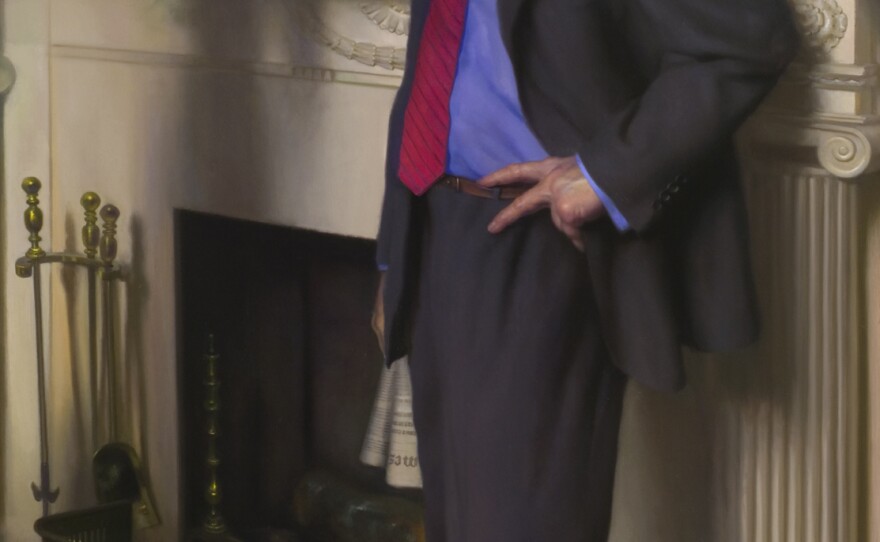 clinton in blue dress and red shoes Painting of Clinton in blue dress hung in Jeffrey Epstein's home