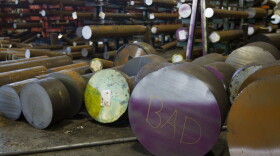 The word bad is written on the end of a machine grade bar of steel at the Pacific Machinery & Tool Steel Company on March 6, 2018 in Portland, Ore. President Trump announced he intends to impose tariffs on imported steel and aluminum, sparking fears of a trade war. (Natalie Behring/Getty Images)