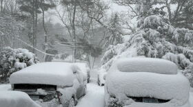 Snow blankets vehicles in Smithfield, RI on Monday morning during blizzard.