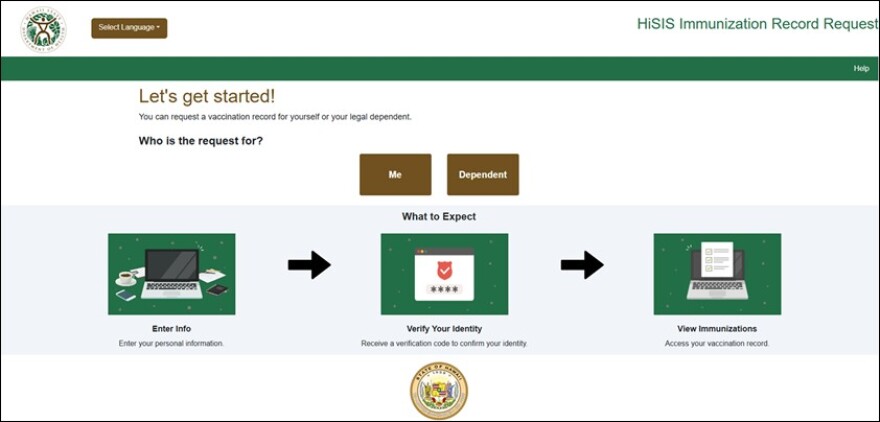A screenshot of the HiSIS Immunization Record Request page.