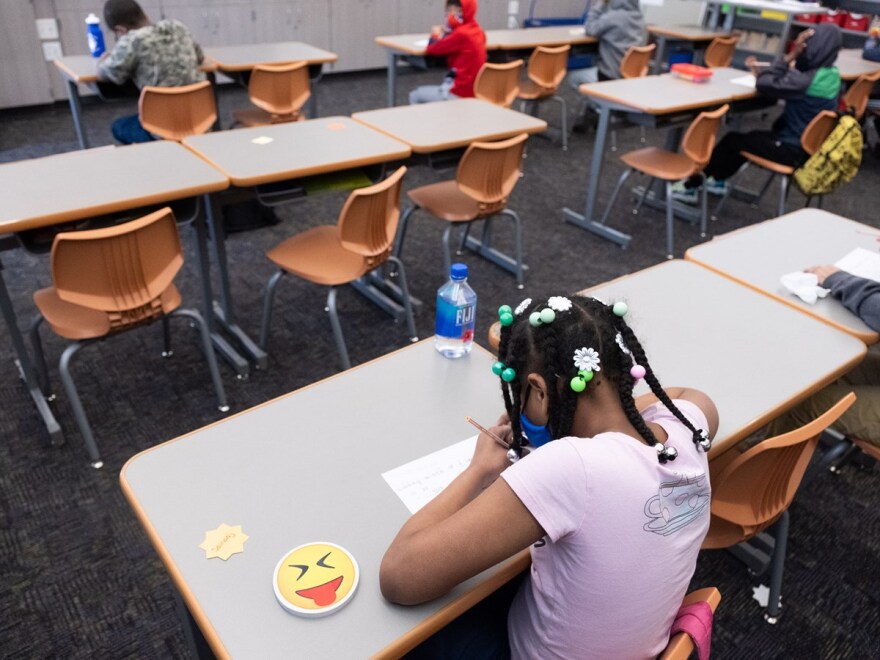 4th graders at Greer Elementary in Arden-Arcade spread out and attend class in smaller cohorts to prevent the spread of COVD-19, Thursday, April 8, 2021.