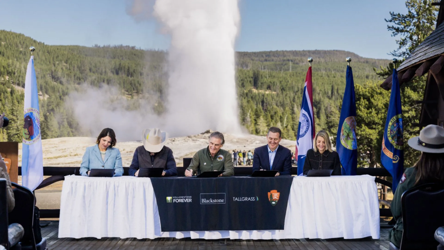 (L to R) Crystal Heter, president and CEO of Tallgrass; Wyoming Gov. Mark Gordon; Secretary of the Interior Doug Burgum; Sean Klimczak, global head of infrastructure at Blackstone and Lisa Diekmann, president and CEO of Yellowstone Forever, sign an agreement on Friday, Oct. 16, 2026.