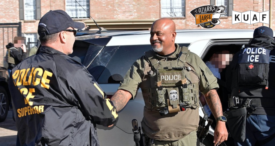 Houston-based immigration officials greet each other after December arrests involving the smuggling of immigrants on a tractor trailer. A revived “task force” cooperation program will let state and local law enforcement coordinate with the Trump administration on immigration arrests during routine police work.