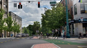 A rendering of the intersection of Walnut Street and 7th Street. The 7-Line is designed as an extension eastward expansion of the B-Line trail.