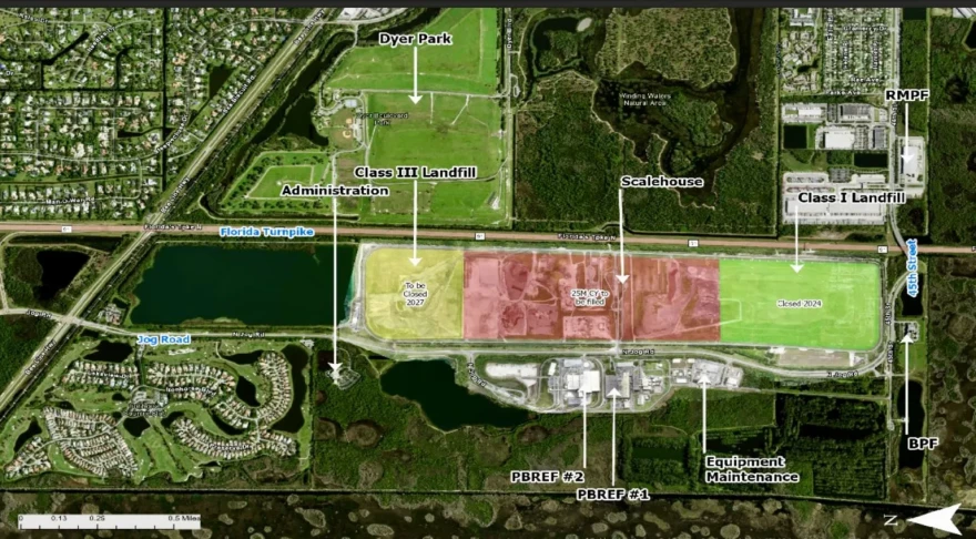 The Palm Beach County landfill west of Florida’s Turnpike. The Ironhorse community is bottom left. The Winding Waters preserve and Dyer Park, which was built on a retired landfill, are east of the turnpike.