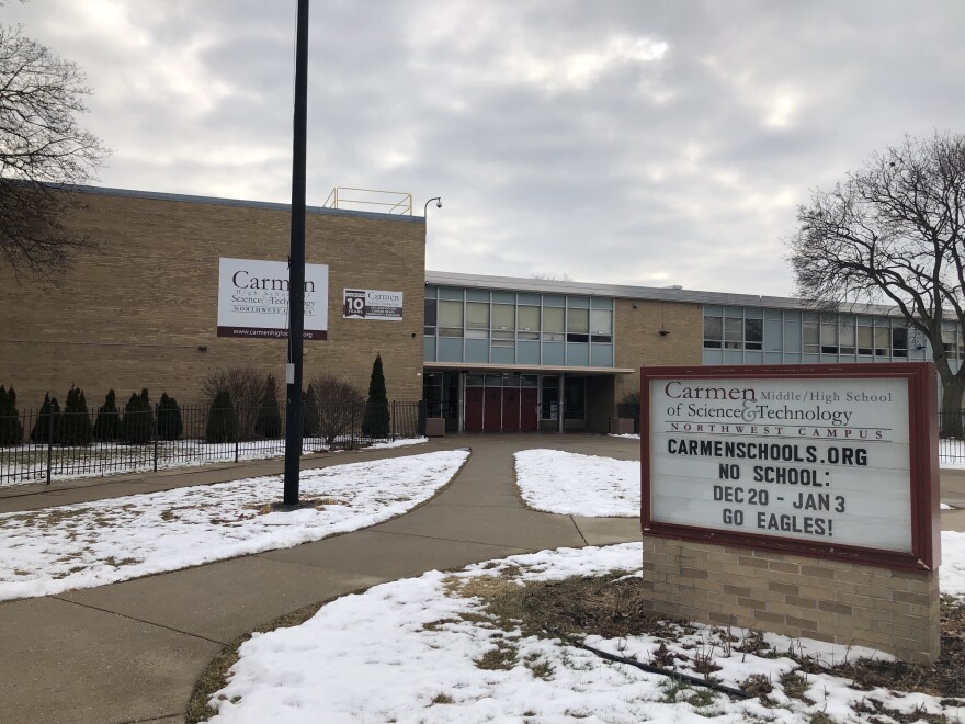 Outside of a school with snow on the ground