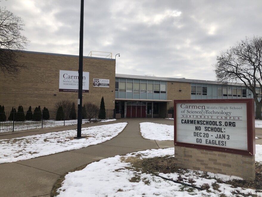 Outside of a school with snow on the ground