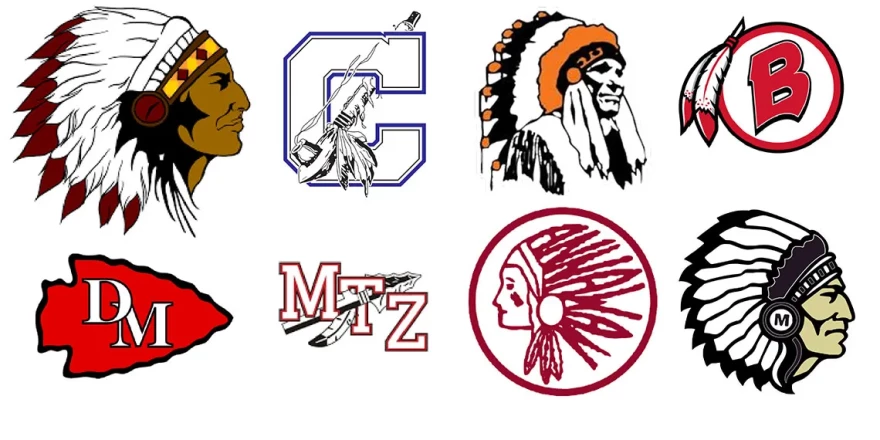 Dozens of Illinois schools could be forced to change mascots that feature Native American imagery or names because of a bill awaiting action in the Senate. From left to right, top to bottom: Logos for the Stockton Blackhawks, Calumet Indians, Altamont Indians, Bremen Braves, Deer Creek Chiefs, Mt. Zion Braves, Annawan Braves, Marengo Indians.