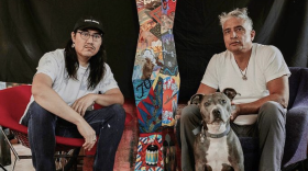 Tony Abeyta and Orlando Allison posing with their latest collaboration piece for "Indigenous futures."