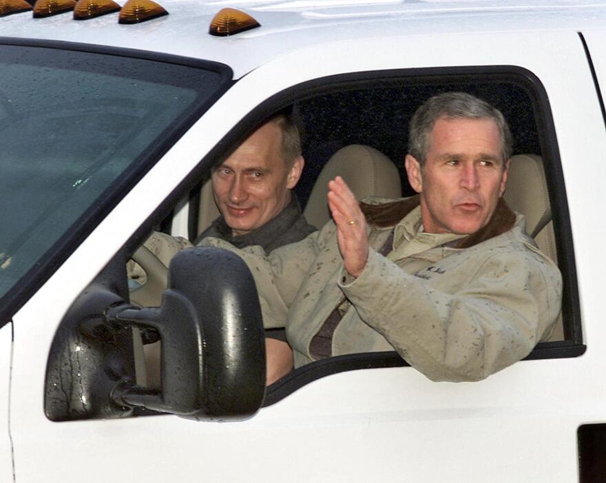 President George W. Bush drives Russian President Vladimir Putin at Bush's ranch in Crawford, Texas, in 2001. At an earlier meeting, Bush said of Putin, "I was able to get a sense of his soul." But relations would soon sour.