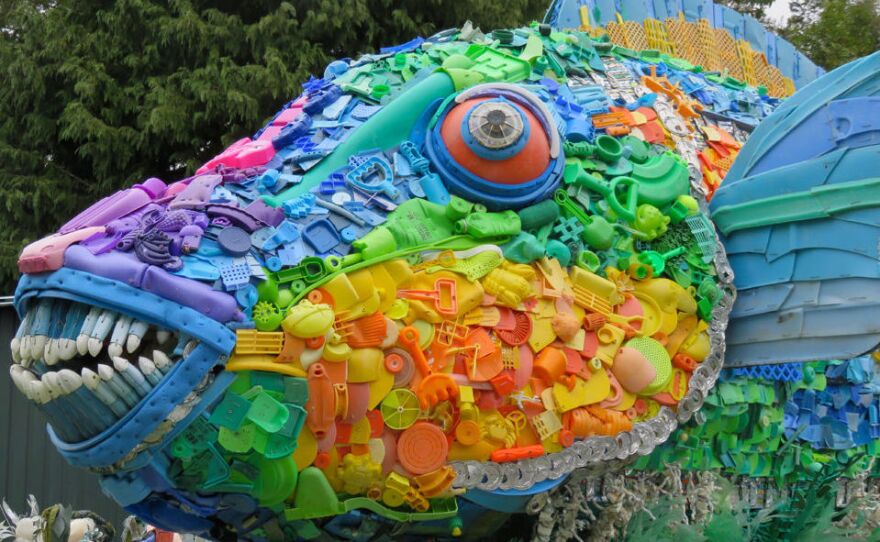 A trash sculpture honoring sea life, designed by Oregon-based artist Angela Haseltine Pozzi.