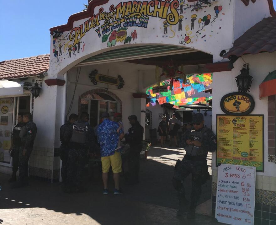 Federal police officers on patrol in downtown Cabo San Lucas in Baja California Sur