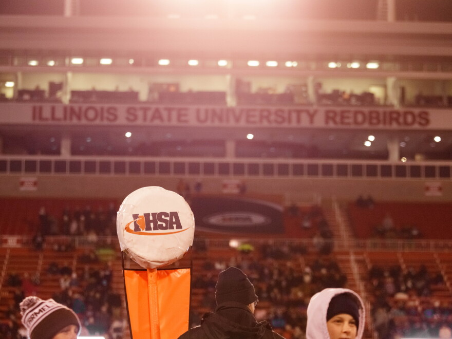 An IHSA logo at ISU's football stadium