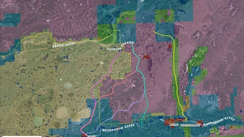 A map shows land ownership status for corridors being studied by the Alaska Department of Transportation and Public Facilities as part of the agency's Yukon-Kuskokwim Frontier Road project.