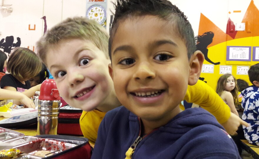 Kindergartners Coah Wilson and Gannon Meyer at lunch at their school in Bellevue.