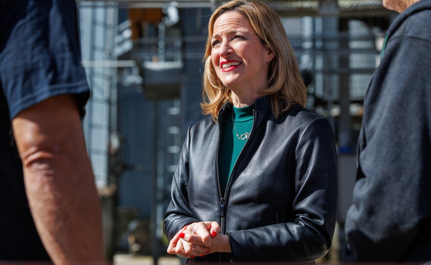 Secretary of State Jocelyn Benson, the Democratic nominee for governor, speaks to corn growers after holding a news conference at Shady Lodge Farm in Lansing, Mich., on Oct. 8, 2026.