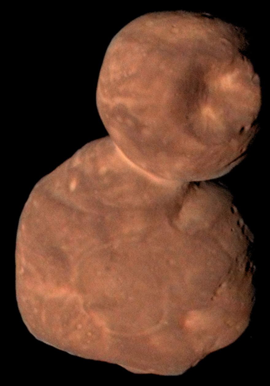 Composite image of primordial contact binary Kuiper Belt Object 2014 MU69, aka Arrokoth, from New Horizons Spacecraft data.