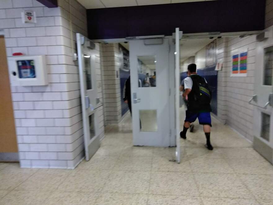 A student going to class in Holyoke High School, which also accepted students displaced by Hurricane Maria.