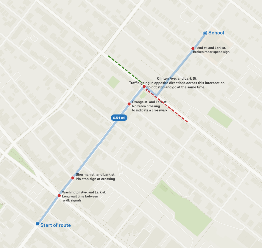 The walking route that DiNovi and Battista take is filled with obstacles like faded crosswalks, mismatched traffic lights, and long wait-times between crossings. 