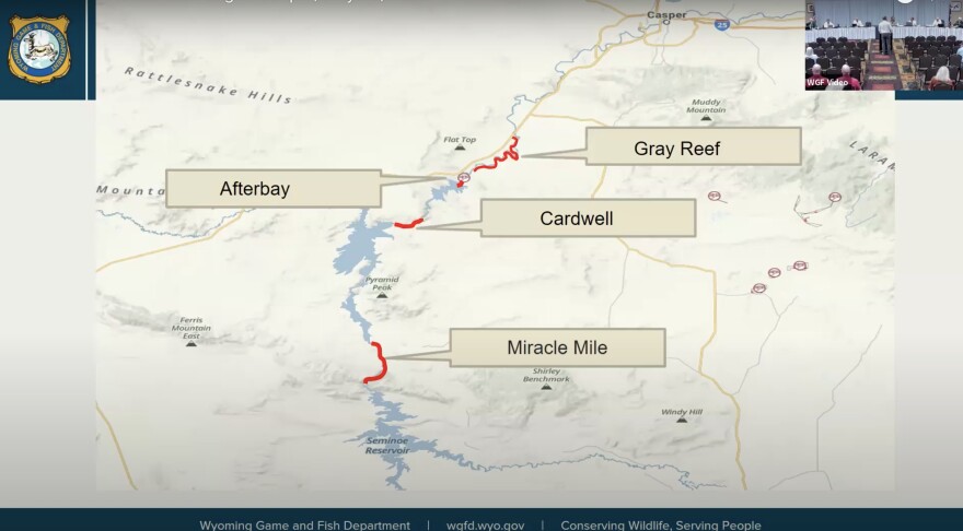 A screenshot of a slideshow presentation, with a map of a river with four labeled sections.