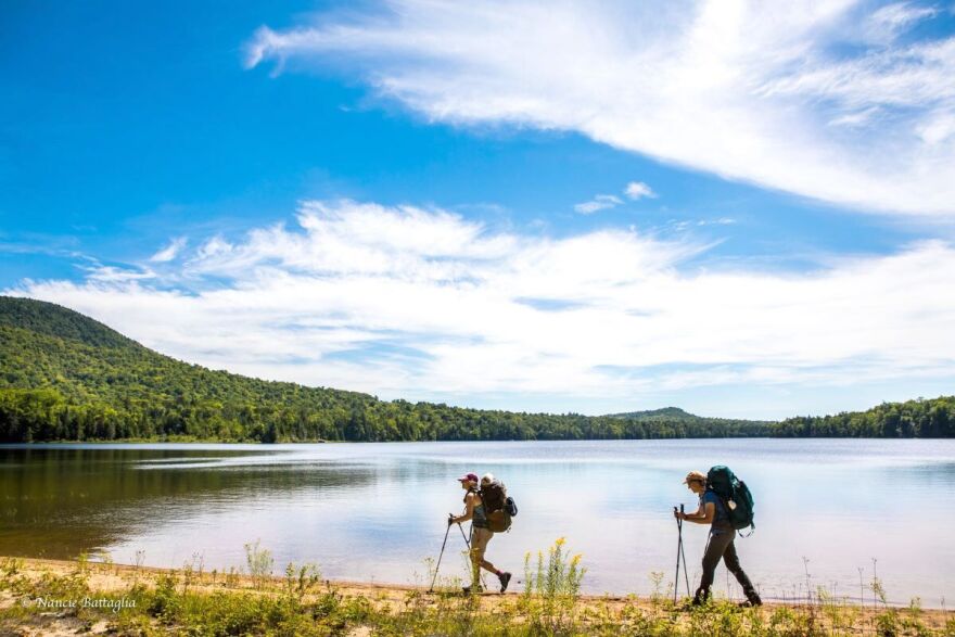 Nancy Bernstein and Betsy Kepes hiking along Tirrell Pond on the Northville Placid Trail. Photo courtesy of Nancy Bernstein
